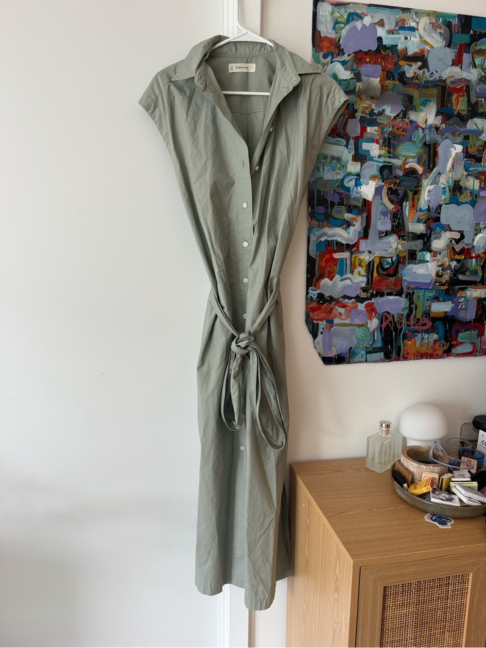 Everlane sleeveless Shirt Dress with Tie Waist - Sage Green